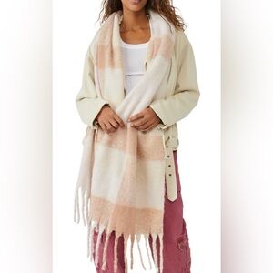 New Free People Piper Plaid Fringe Scarf - blush, cream , ivory